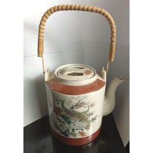 VINTAGE SATSUMA PORCELAIN PEACOCK TEAPOT WITH LID - SATSUMA JAPAN WICKER HANDLE